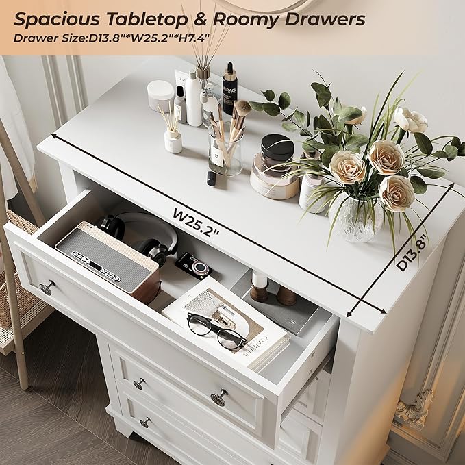 GAOMON White 5 Drawer Dresser for Bedroom, 48" Tall Wood Dresser & Chests of Drawers with Deep Drawers, Modern Chest Organizer with Metal Handles for Living Room, Hallway, Entryway