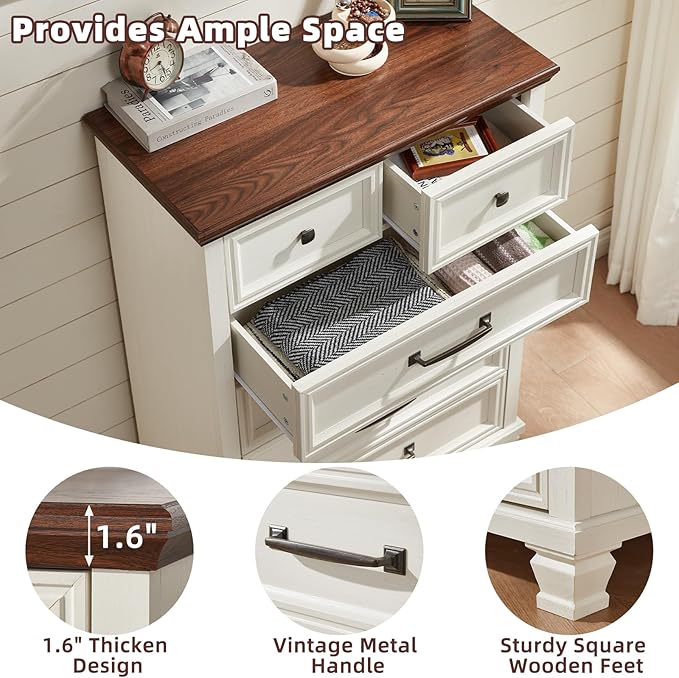 Farmhouse 6 Drawer Dresser for Bedroom, 45 Inch Tall Vintage Wood Chest of Drawers, Rustic Dressers w/Square Wooden Legs, Mid-Century Storage Organizer for Living Room, Hallway, White