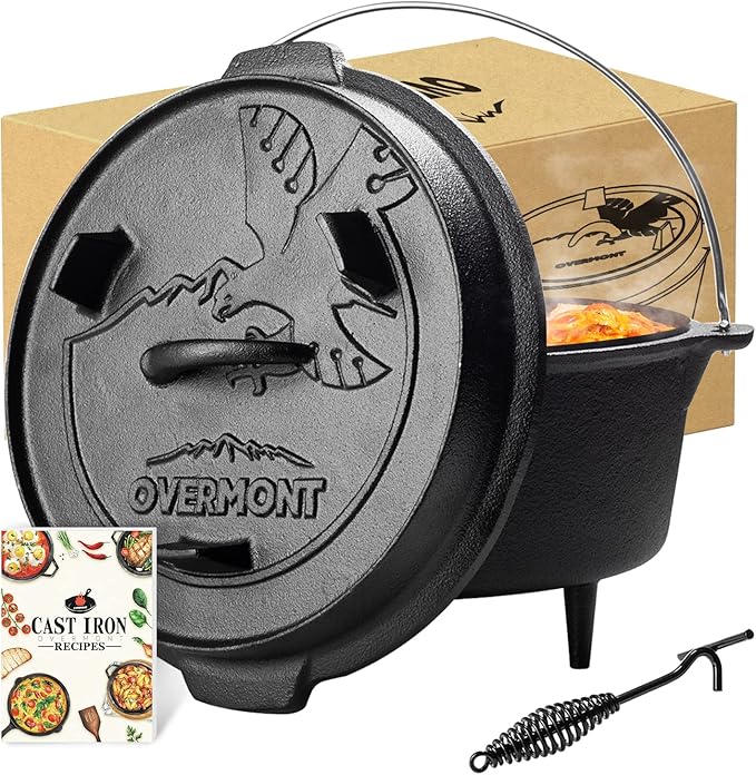 Overmont Camp Dutch Oven Pre Seasoned Cast Iron Lid Also a Skillet Casserole Pot with Lid Lifter for Camping Cooking BBQ Baking 6QT(Pot+Lid)
