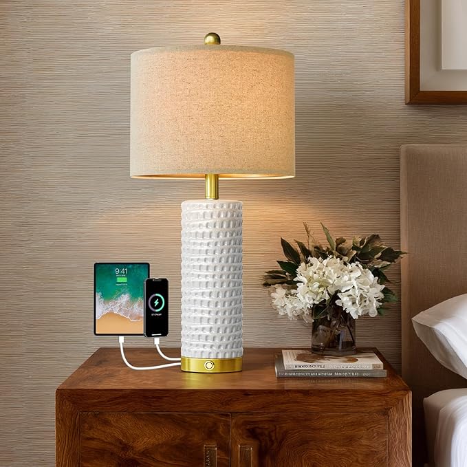 PORTRES 24" Modern Ceramic Table Lamp Set of 2 for Living Room Gold Bedside Lamps with USB A+C Charging Ports for Bedroom Farmhouse Nightstand Lamp 3-Way Dimmable Touch End Table Lamps