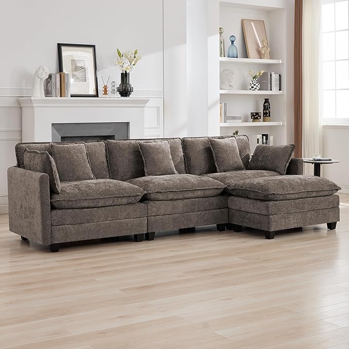 111'' Sectional Cloud Deep Seat Couch, Modern Comfy Chenille L Shaped Sectional Sofa for Living Room Set, Upholstered Modular 3-Seats Sofa Couch with 1 Movable Ottoman, Brown
