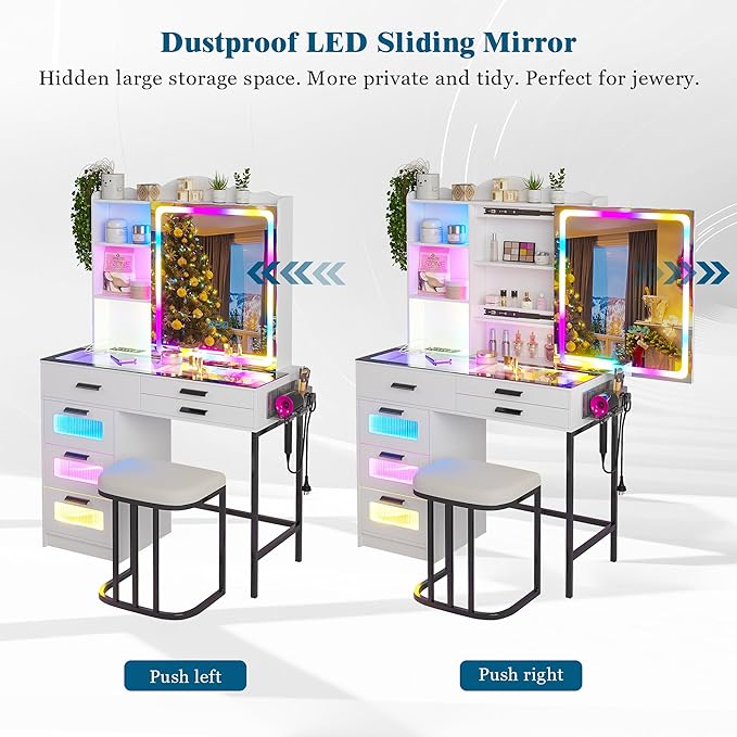 RGB Vanity Desk with Sliding Mirror and Lights, LED Makeup Vanitys with Charging Station, Glass Top Dressing Table Set with Jewelry Organizer,6 Drawers,Stool,Shelves for Bedroom(White)