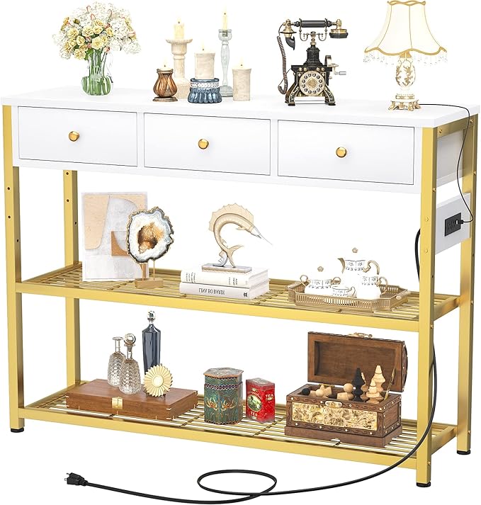 Ecoprsio 47'' Entryway Table with Outlets and USB Ports, Console Table with 3 Drawers, Sofa Table Narrow Long with Storage Shelves for Living Room, Couch, Hallway, Foyer, White and Golden