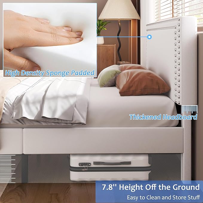 VECELO Full Size Bed Frame with Adjustable Upholstered Headboard, Wooden Slats Platform, Noise-Free Design, Easy Assembly