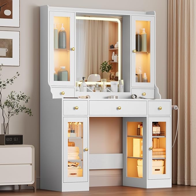 Vanity Desk with Mirror and Lights, White Makeup Vanity Table with 3 Modes & Adjustable Brightness, Glass Cabinets, Drawers, Outlet, Modern Dressing Table for Bedroom, Girls, Women, Teens