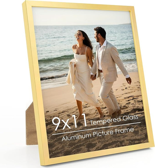 9x11 Metal Picture Frame - Gold Aluminum Picture Frames with Real Glass, Wall Mounting Horizontally or Vertically, Simple and Elegant Decor for Wall Gallery Poster Photo 11x9 Frame, Gold