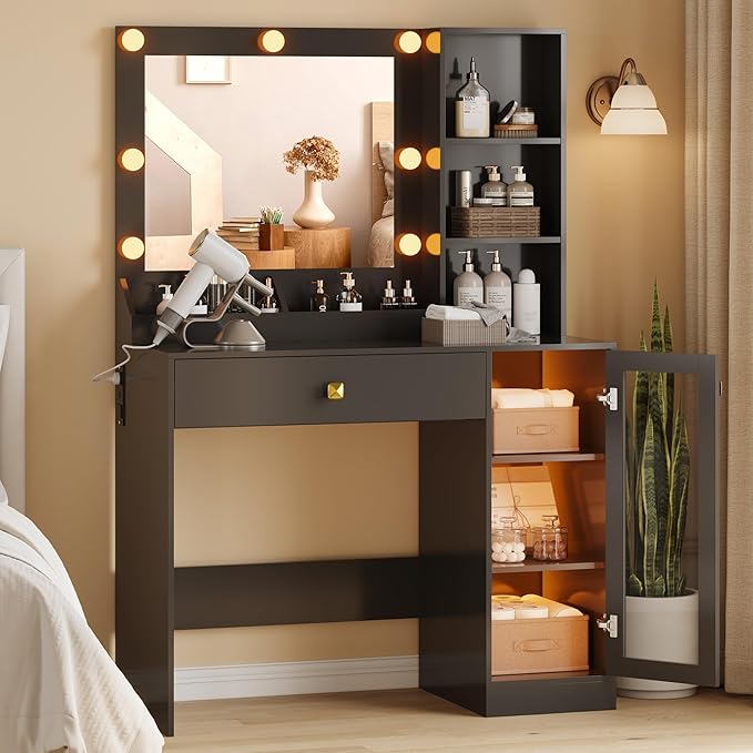Vanity Desk with Mirror and Lights, Small Makeup Vanity Table with RGB Storage Cabinet & Power Strips & Shelves, 3 Lighting Modes & Adjustable Brightness, Dressing Table for Women Girls Bedroom, Black