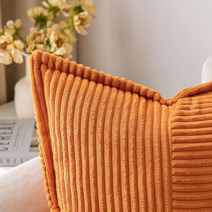 MIULEE Burnt Orange Fall Decorative Throw Pillow Covers for Couch Bed Livingroom 20x20 Inch Set of 2 Boho Accent Throw Pllows Broadside Striped Patchwork Soft Corduroy Pillowcases