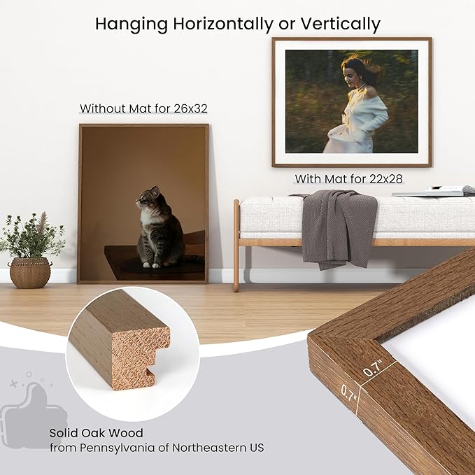 Axeman 26x32 Frame | Solid Oak Wood 26x32 Poster Frame With Mat for 22x28 | 32x26 Wood Picture Frame | Tempered Glass and Hanging Hardware Included Home Wall Decor Art Hanging Frame | Walnut