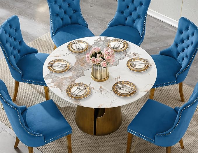 7-Piece Faux Marble Round Dining Table Set for 6, Modern Luxury Kitchen Table Set for 6 with Blue Tufted Chairs,Circle Dining Tables with Pandora Grain Top and Bronze Pedestal Base