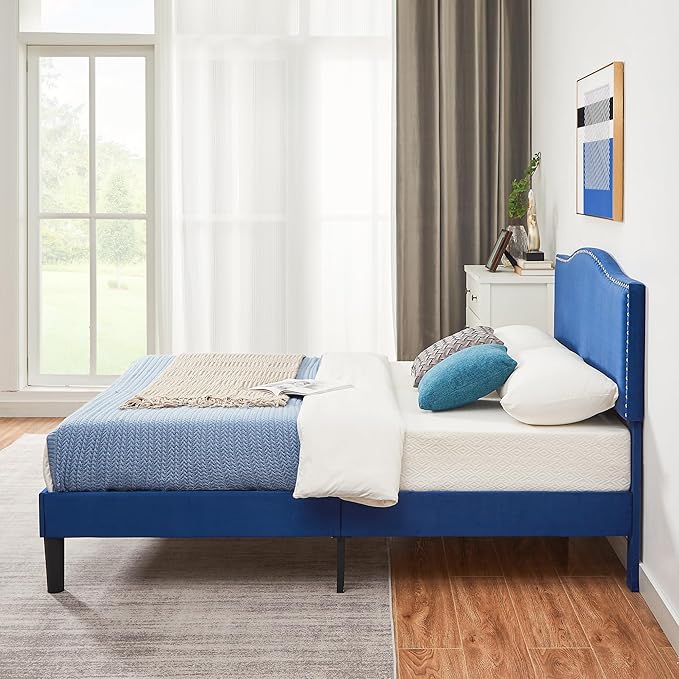 VECELO Queen Bed Frame, Platform Bed Frame with Adjustable Height Upholstered Headboard, Heavy-Duty Frame and Strong Wooden Slats Support, Non-Slip and Noise-Free, Easy Assembly, Dark Blue