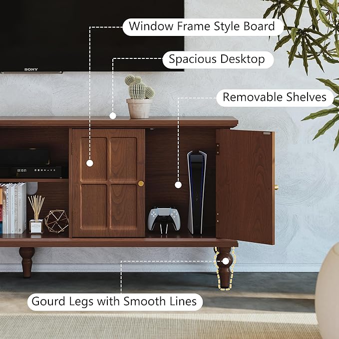 3More 67" Mid Century Modern TV Stand with Window Design,Wood Entertainment Center with Open Shelf,Up to 70" Media TV for Living Room or Bedroom,Walnut