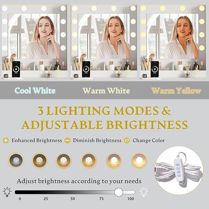 Vanity Desk with Mirror and Lights, Small Makeup Vanity Table Set with Storage Drawers & Power Outlets & Chair, 3 Lighting Modes & RGB Ambient Light, Dressing Table for Women Girls Bedroom, White