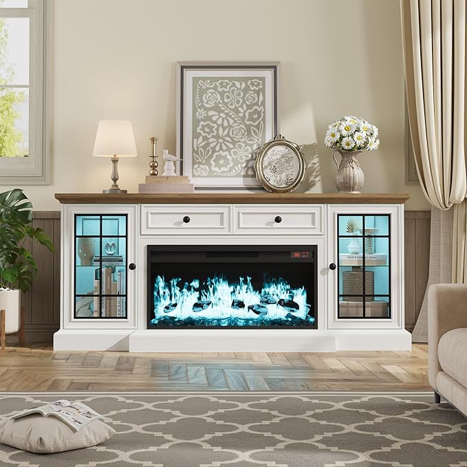 Fireplace TV Stand Up to 80" TVs, 70'' Modern Entertainment Center with 36" Electric Fireplace & LED Lights, Farmhouse Media Console with Storage Cabinet & Drawer for Living Room, Antique White