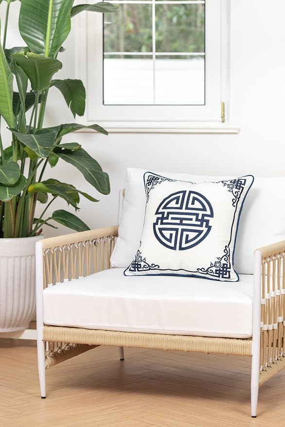Hofdeco Premium Coastal Hampton Style Patio Indoor Outdoor Throw Pillow Cover Only, 18"x18" Water Resistant for Backyard, Couch, Navy Blue Embroidered Longevity Symbol