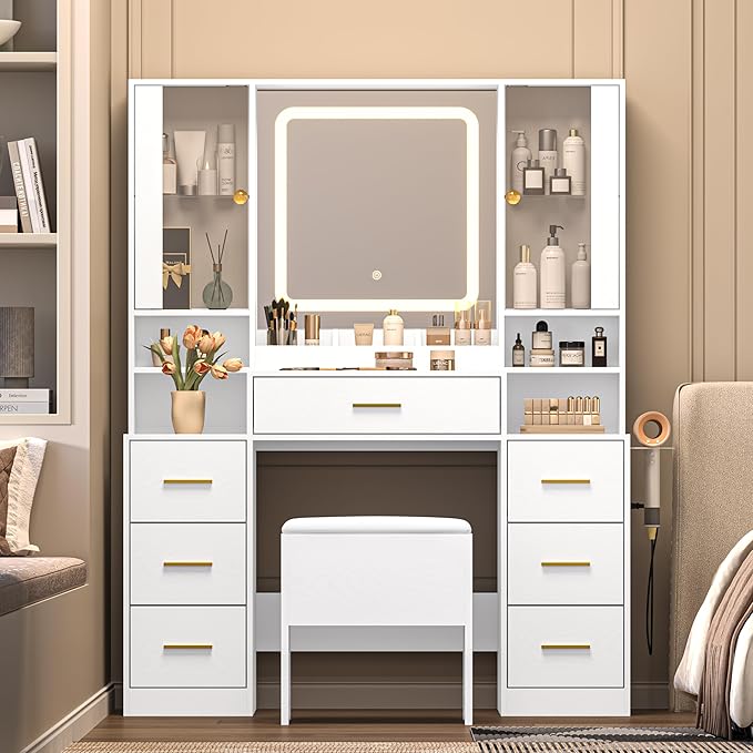 White Makeup Vanity Desk with Mirror & Lights, Modern Vanity Table with Charging Station, 7 Drawers, Glass Cabinet, Shelves & Cushioned Stool, Bedroom Dressing Table Set for Women & Girls