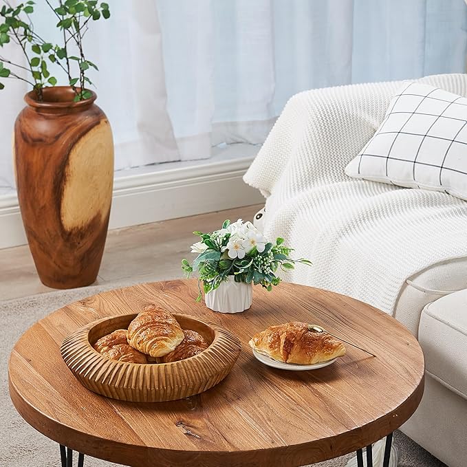 Teak Handcrafted Wooden Bowls Natural Wood Round Utility Bowl 11.8" W Handmade Rustic Serving Platter Fruit Snack Holder for Entry Table Vintage Artworks Dining Room Home Décor