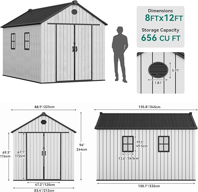 YITAHOME 8x12 FT Outdoor Storage Shed with Floor, Waterproof Plastic Garden Shed with Lockable Doors, 2 Windows & 2 Vents, 656 cu. ft. Resin Shed for Tools, Bikes, Patio or Backyard, Gray