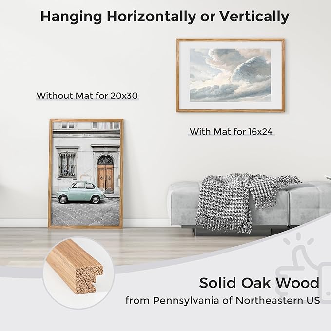 Axeman 20x30 Picture Frame with Mat for 16x24, Solid Oak Wood Poster Frame with Tempered Glass, Wooden 20''x30'' Minimalist Photo Frame with Wall Hooks Puzzle Frame, Set of 2, Natural