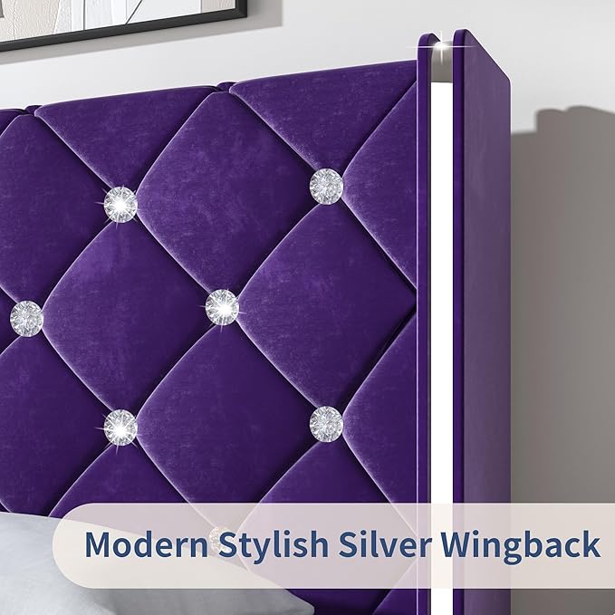 HOMBCK King Bed Frame with Headboard, Upholstered Platform Bed with Wingback Design, Modern Diamond Bed Frame with Tufted Deep Button, No Box Spring Needed, Easy Assembly, Purple