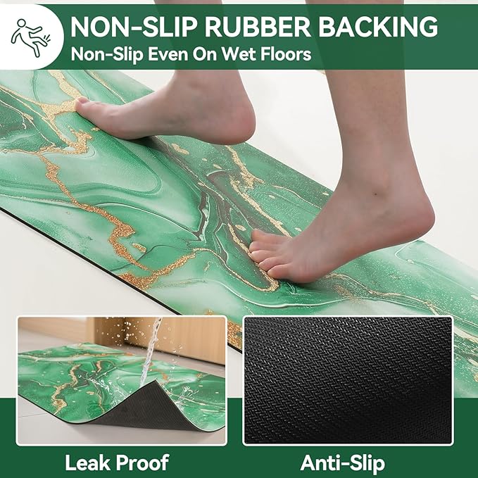 Non Slip Bath Mat Ultra Thin Bathroom Rug Fit Under Door, Rubber Backing Quick Dry Super Absorbent Washable Shower Bath Mats Green 16x24