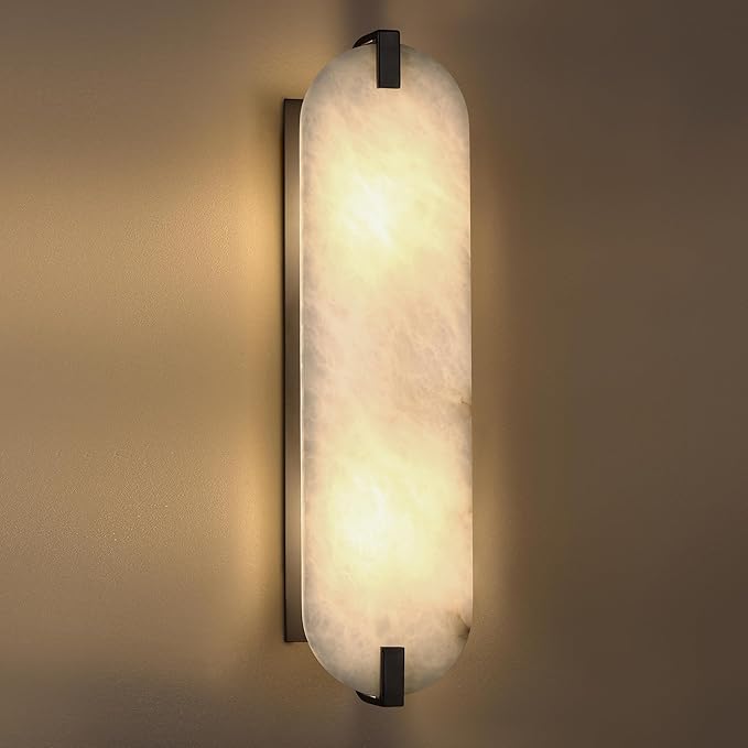 2 Light 20.7" Natural Oval Alabaster Marble Bathroom Wall Sconce Modern Concise Style Wall Light Fixture,Black Finish for Bedroom Hallway Bedside