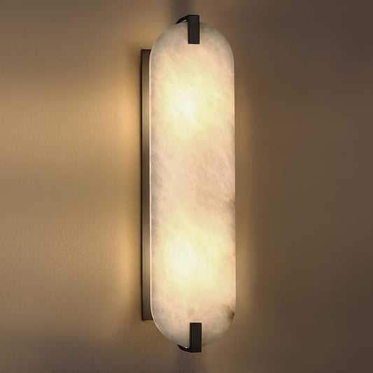 2 Light 20.7" Natural Oval Alabaster Marble Bathroom Wall Sconce Modern Concise Style Wall Light Fixture,Black Finish for Bedroom Hallway Bedside