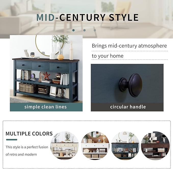 Knocbel Entryway Console Table with 3 Drawers and Open Shelves, Entry Hallway Foyer Sofa Long Table, 220lbs Weight Capacity, 50" L x 16" W x 30" H (Navy)