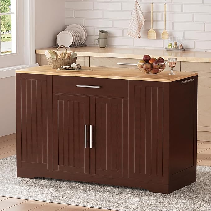 53" Long Kitchen Island with Trash Can Storage, Walnut Kitchen Cart with Garbage Bin 10 Gallon, Portable Island with Trash Can, Wood Top, Spice Rack and Drawers