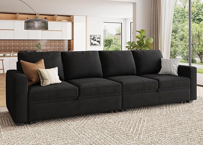 HONBAY Modular Sectional Sleeper Sofa Bed, with Pull Out Bed, Linen Convertible Sectional Couches for Living Room - Black