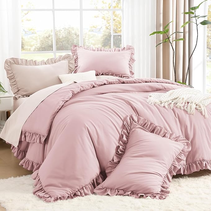 Litanika Grayish Pink Queen Comforter Set, 3 Pieces Ruffle Farmhouse Aesthetic Bedding Comforter Set, All Season Soft Lightweight Fluffy Microfiber Bed Set(90x90In Comforter, 2 Pillowcases)