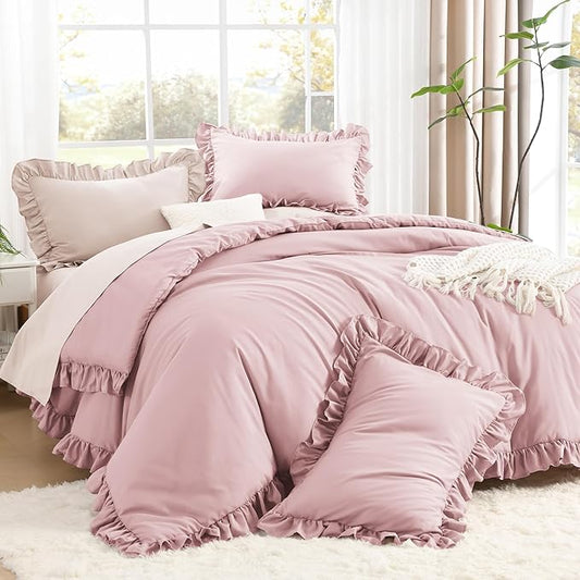 Litanika Grayish Pink Queen Comforter Set, 3 Pieces Ruffle Farmhouse Aesthetic Bedding Comforter Set, All Season Soft Lightweight Fluffy Microfiber Bed Set(90x90In Comforter, 2 Pillowcases)