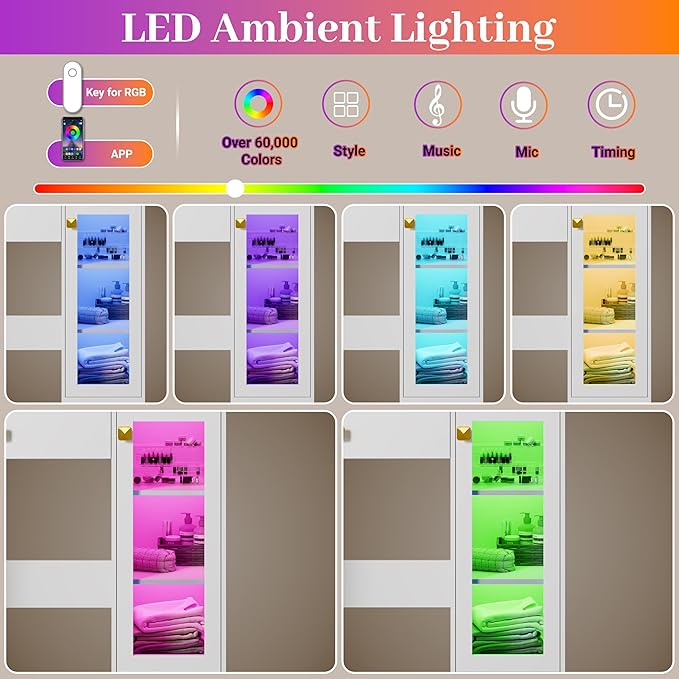 Makeup Vanity with Mirror and Lights, 34'' Wide Dressing Table with Charging Station & RGB Glass Cabinet, Small Vanity Desk with 3 Color Lighting Modes & Adjustable Brightness, White