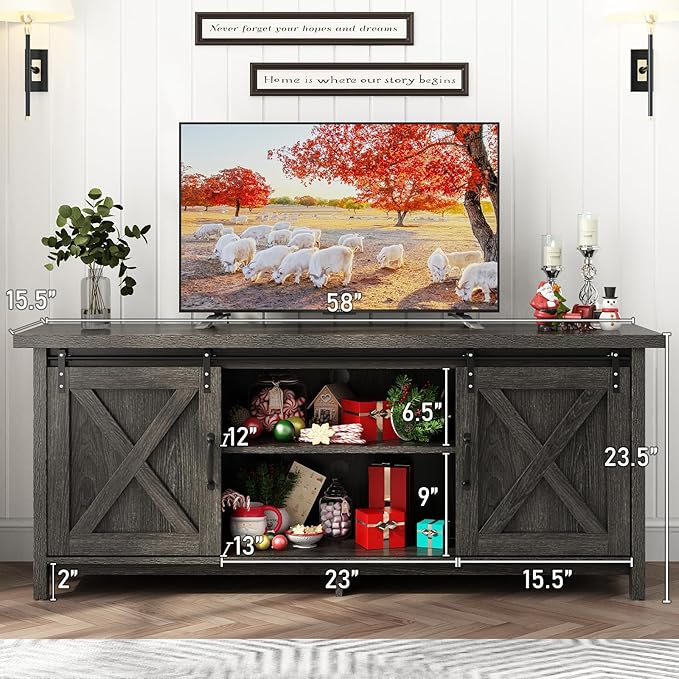 58" Farmhouse TV Stands for 55 60 70 inch TV w/Adjustable Shelves,Sliding Barn Door.Wooden Entertainment Center,TV Console Cabinet with Storage for Bedroom Living Room(Dark Grey)