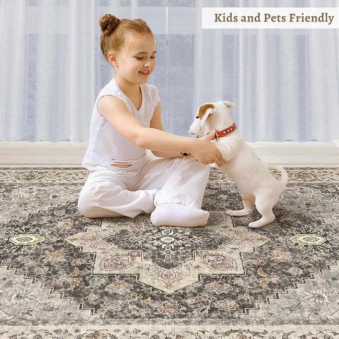 Tangsoo Washable Rug 4x6 Area Rug, Vintage Rug Indoor for Living Room, Non Slip Machine Washable Large Rugs, Soft Print Distressed Brown/Grey Farmhouse Carpet for Bedroom Dining Room Dorm Office