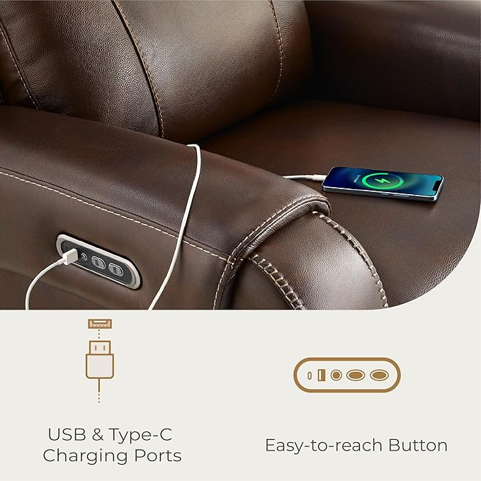 CHITA Genuine Leather Power Recliner Chair for Adults, Electric Wall Hugger Recliner with Adjustable Power Headrest & USB/Type-C Ports, Compact for Small Spaces & Living Rooms, Dark Brown