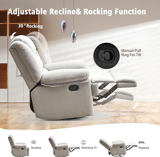 Swivel Rocking Recliner Chair for Adults, Overstuffed Manual Rocker Nursery Recliner Glider, Upholstered Fabric Reclining Single Sofa Chair for Living Room (Beige)