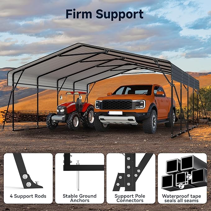 20 x 20FT Heavy Duty Metal Carport, Outdoor Carport with Galvanized Steel Frame and Roof, Multi-Use Car Shelter with Removable Sidewalls for 2 Cars, Pickup, Tractors, Gray