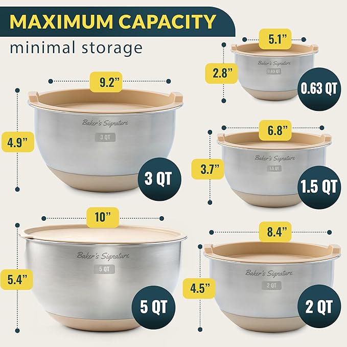 Stainless Steel Mixing Bowls with Lids Set, 5 Sizes, 3 Graters, Non-Slip Base, Airtight Lids, Metal Mixing Bowls for Kitchen, Food Prep, Storage, 0.63QT-5QT, Khaki