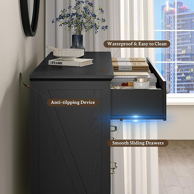 Farmhouse 6 Drawers Dresser for Bedroom, 48" Wide Modern Chest of Drawers with Deep Drawers & Bar Handles, Rustic Wood Dresser TV Stand, Wooden Closet Storage Organizer for Living Room, Hallway, Black