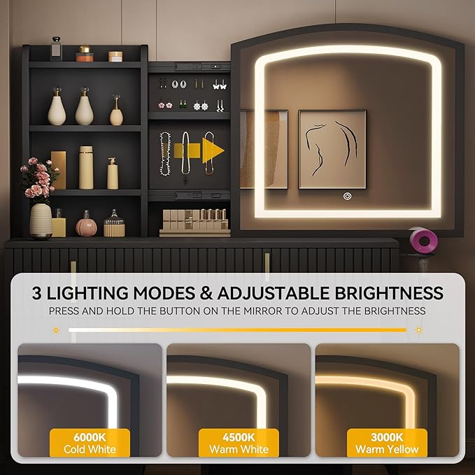 YITAHOME Vanity Desk with Mirror and Power Outlet, Fluted Vanity Table Set with Hidden Jewelry Storage, Big Makeup Desk with 4 Drawers, Black Dressing Table with Cushion Stool, 3 Lighting Color Modes