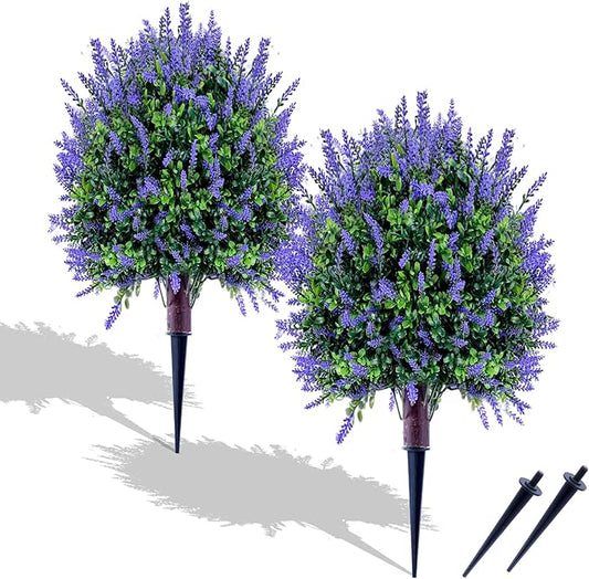 Fake Lavender Plant Set of 2: 24" Tall Outdoor Artificial Plants with Ground Spike, UV Resistant for Indoor/Outdoor Decor