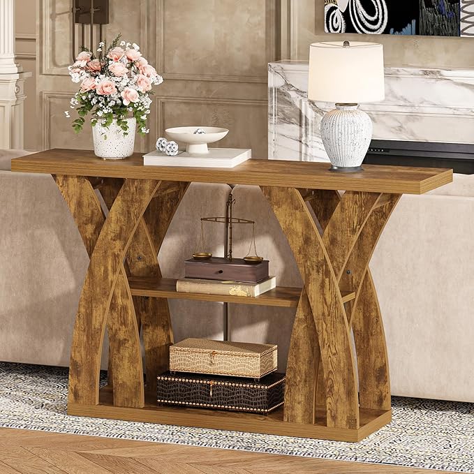 Farmhouse Console Tables, 55-Inches Narrow Console Tables 3-Tier Rustic Wood Sofa Behind The Couch Table Entryway Table for Living Room, Bedroom, Home Office (Tiger Brown)