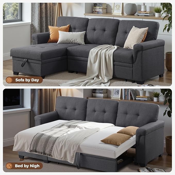 83 Inch L Shaped Modular Convertible Sleeper Sectional Sofa Bed with Storage Chaise and Pull-Out Bed, Linen Upholstered Reversible Corner Couch for Living Room, Home Furniture, Dark Gray