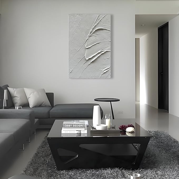 Art Hand-Painted Thick Texture White Minimalist Oil Painting 45x30 inch Home Wall Decorative Art