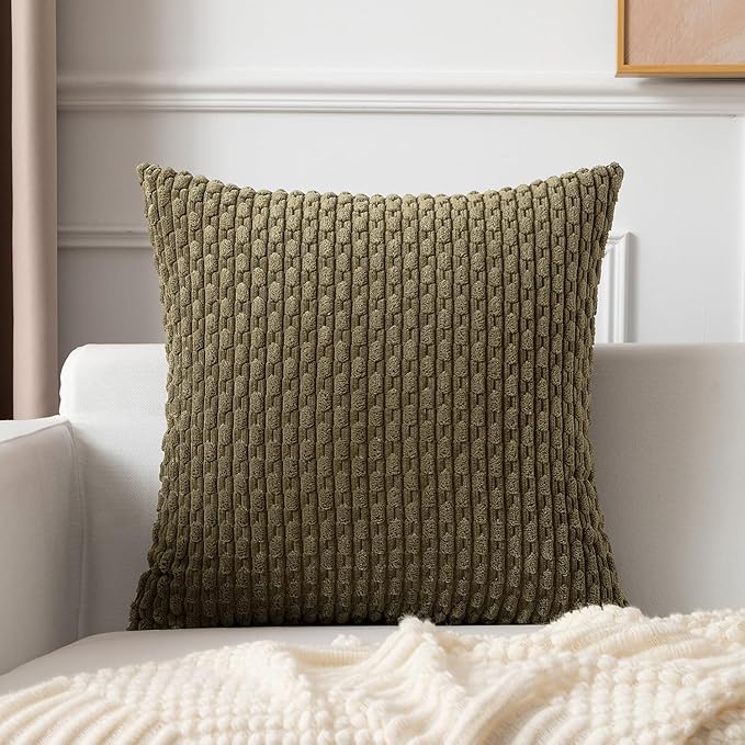 Kevin Textile Pack of 2 Corduroy Decorative Throw Pillow Covers 16x16 Inch Soft Boho Striped Pillow Covers Modern Farmhouse Home Decor for Sofa Living Room Couch Bed Olive Green