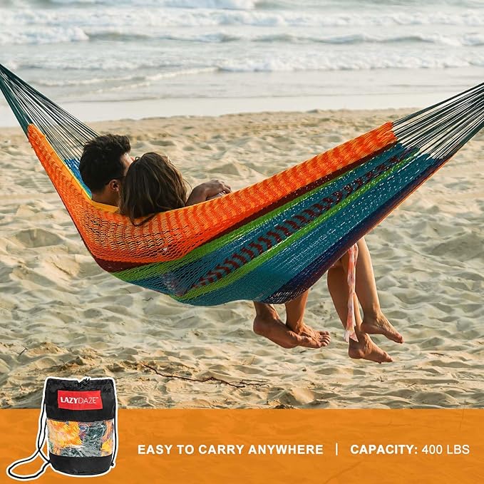 Lazy Daze Hammocks Handwoven Mayan Hammock, 10.5 FT Soft Rope Double Hammocks, Portable Outdoor Hammock with Carry Bag, 2 Straps & carabiners for Patio Outside, 550 lbs Weight Capacity, Multi Color
