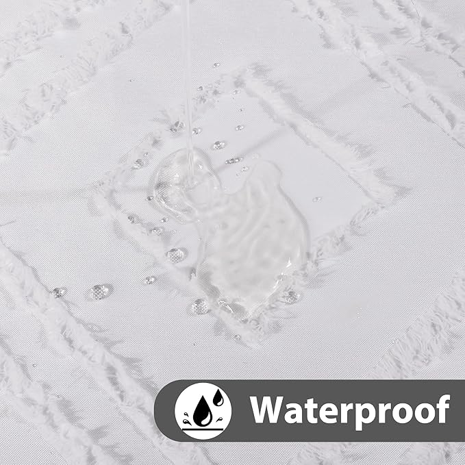 No Hook Shower Curtain Set with Snap in Liner, White Jacquard Tufted Geometric Bath Curtain, Boho Luxury Hotel Bathroom Decor, Waterproof Washable, 71 x 86 Inch