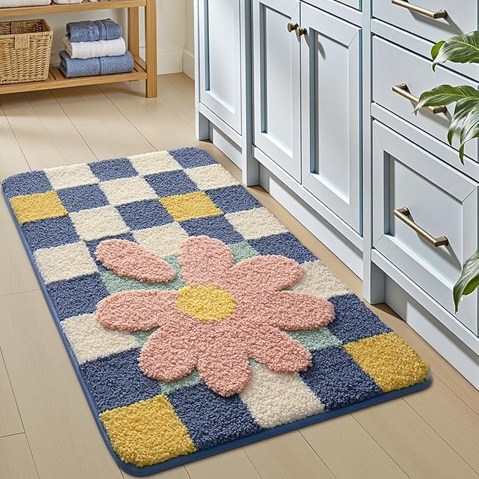 LUMI Bathroom Rug 24x36, Soft Absorbent Microfiber Bath Mats, Machine Washable Bath Rugs with Non-Slip Backing, Checkered Design Floor Mat for Bathroom, Shower and Bathtub Floor, Grid Flower