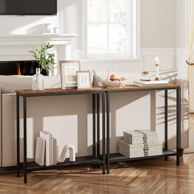 HOOBRO 29.5" Narrow Console Table, Small Entryway Table with Shelf, 2 Tier Thin Sofa Table, Behind Couch Table, Side Table, for Hallway, Living Room, Bedroom, Rustic Brown and Black BF74XG01